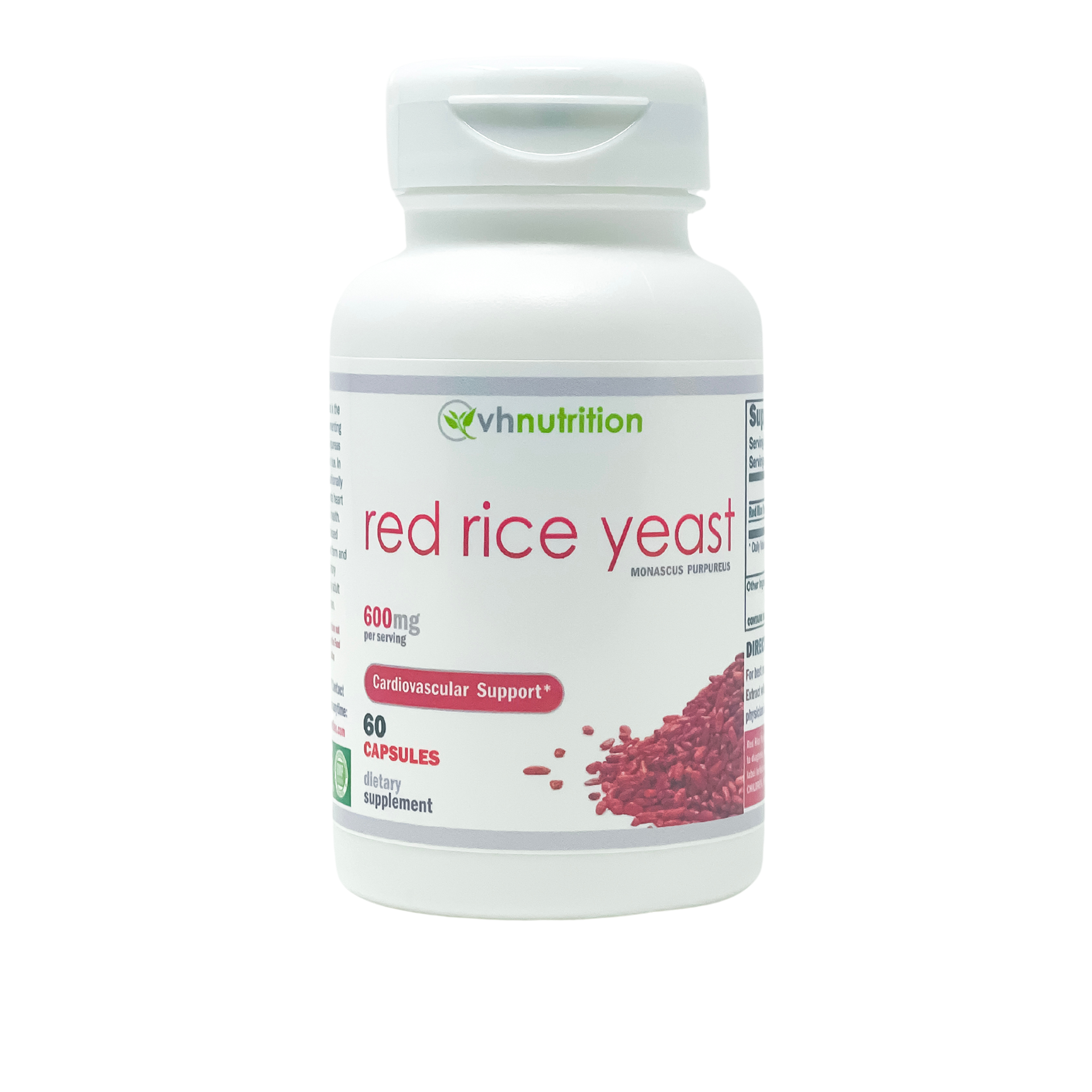 VH Nutrition RED RICE YEAST | Monascus purpureus Capsules | Cardiovascular and Digestive Support Supplement for Women & Men* | 600mg per serving 60 Capsules | Standardized Red Rice Yeast extract powder