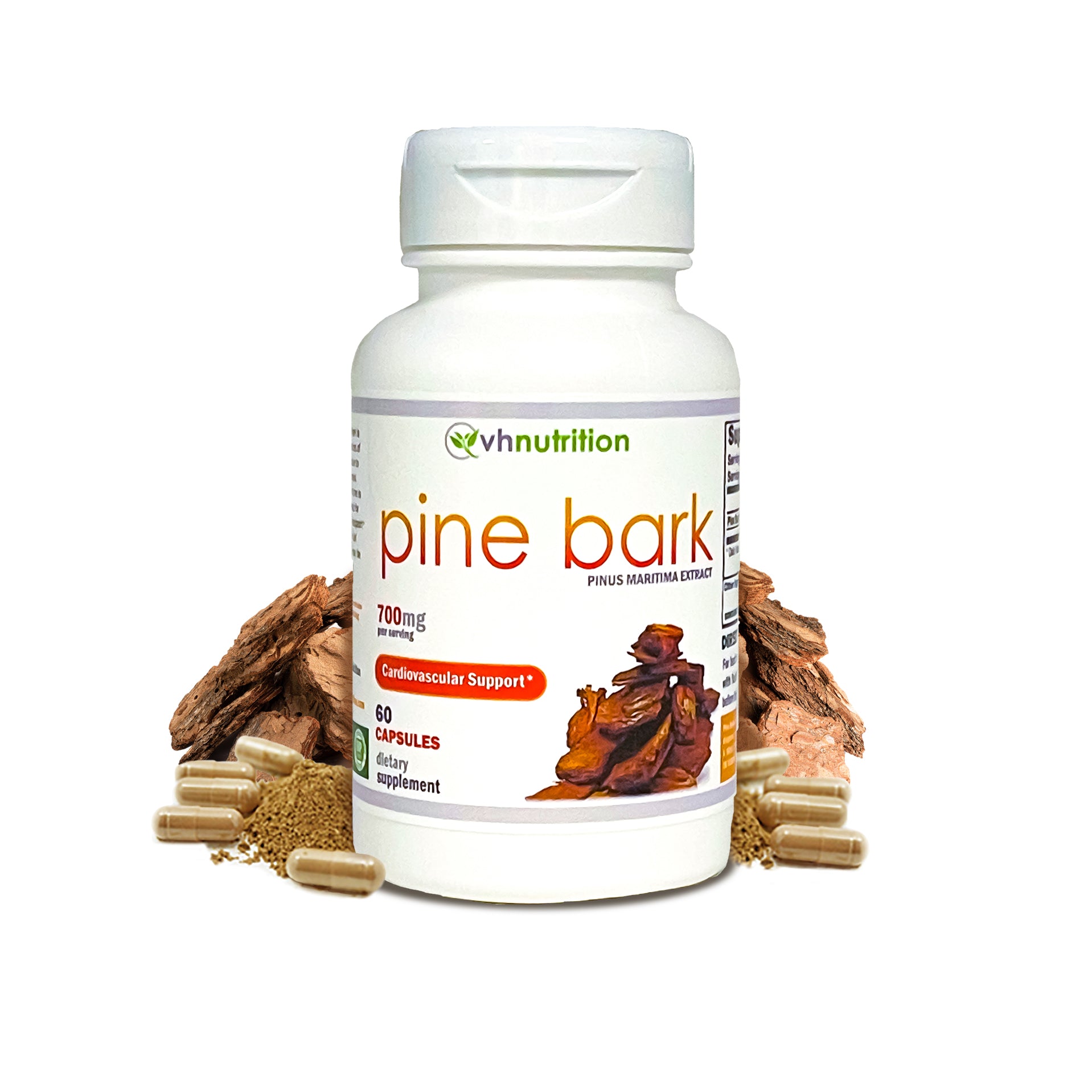 VH Nutrition PINE BARK | Cardiovascular Support Supplement* | 700mg Per Serving | Standardized Pinus maritima Extract Powder | 60 Capsules