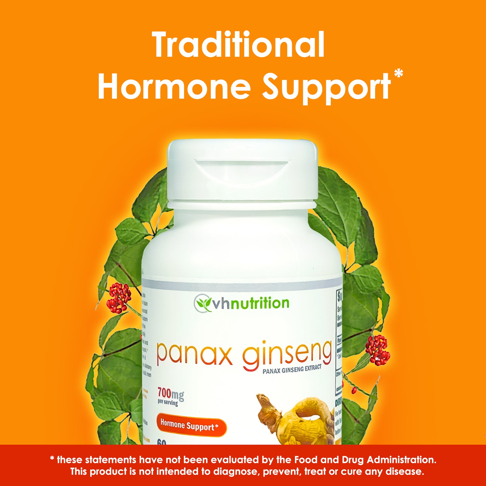 VH Nutrition PANAX GINSENG | Hormonal Support Supplement* | 700mg Per Serving | Standardized Panax ginseng Extract Powder | 60 Capsules