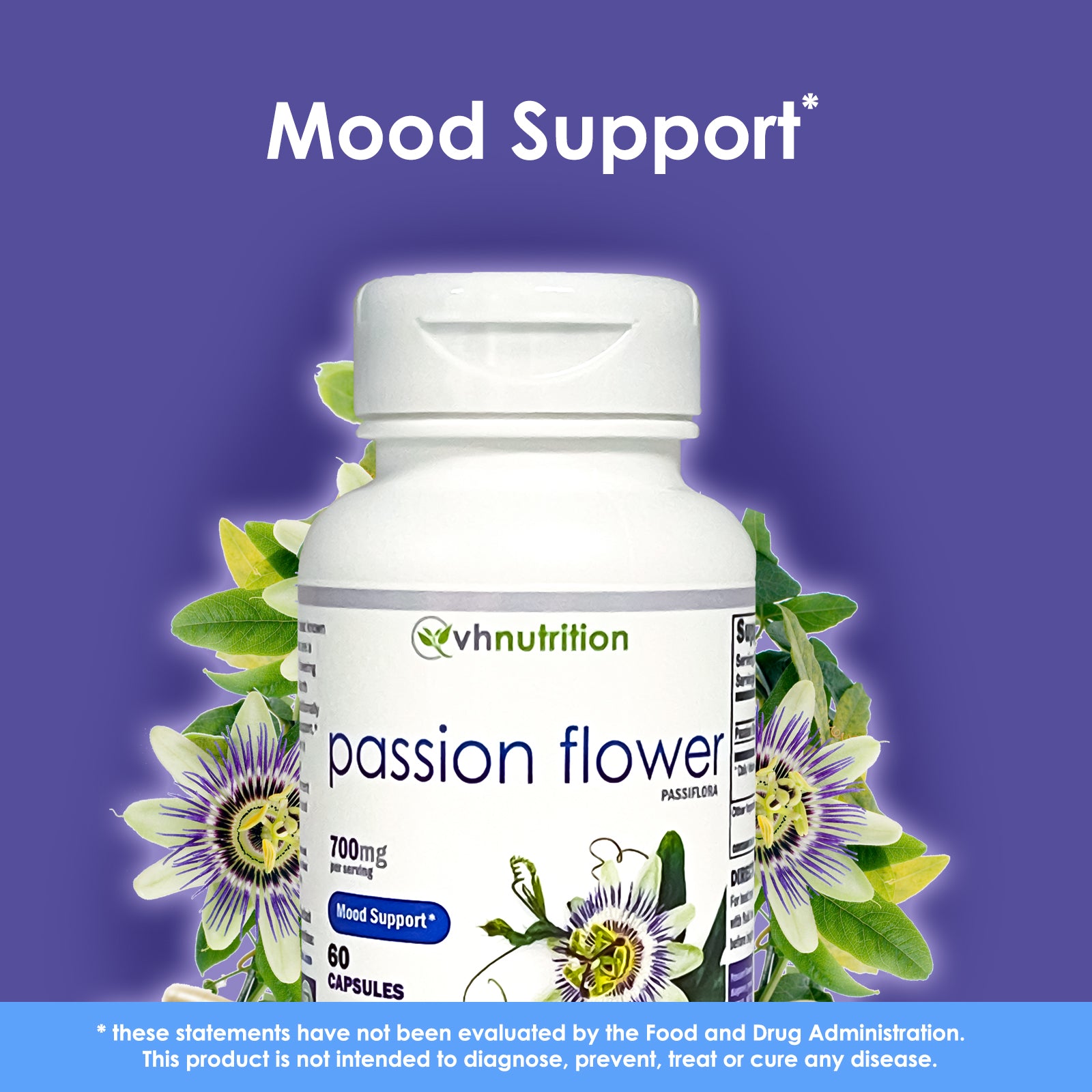 VH Nutrition PASSION FLOWER | Extra Strength Mood Support Supplement* | 700mg Per Serving | Standardized Passiflora Extract Powder | 60 Capsules